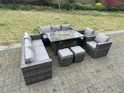 Rackhams 10 Seater Outdoor PE Rattan Garden Furniture Gas Fire Pit Dining Table Set Lounge Sofa 2 PC Armchairs With 2 Stools Dark Grey Mixed Patio - thumbnail 3