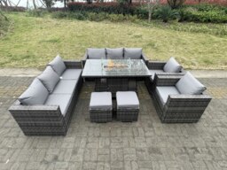 Rackhams 10 Seater Outdoor PE Rattan Garden Furniture Gas Fire Pit Dining Table Set Lounge Sofa 2 PC Armchairs With 2 Stools Dark Grey Mixed Patio - thumbnail 1