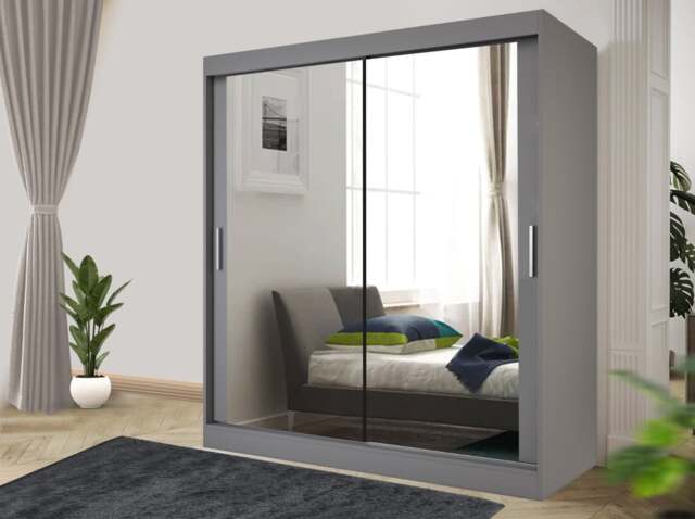 Rackhams Stylish Bedroom Sliding Wardrobe - comes in White/Grey/Black/Oak and Width 100cm/120cm/150cm/180cm/203cm/250cm - 100cm - Grey - image 1