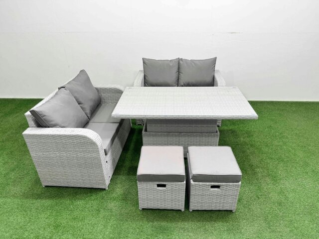 Rackhams 6 Seater Outdoor Love Sofa Set Rattan Garden Furniture Set with Adjustable Lifting Dining or Coffee Table 2 Small Stools Light Grey - image 1