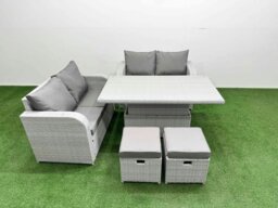 Rackhams 6 Seater Outdoor Love Sofa Set Rattan Garden Furniture Set with Adjustable Lifting Dining or Coffee Table 2 Small Stools Light Grey - thumbnail 1