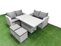 Rackhams 6 Seater Outdoor Love Sofa Set Rattan Garden Furniture Set with Adjustable Lifting Dining or Coffee Table 2 Small Stools Light Grey - thumbnail 2
