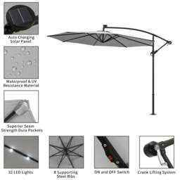 Rackhams 3M Cantilever Garden Parasols Light Grey Iron Banana Umbrella with LED Lights - Cross base - thumbnail 6