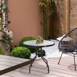 Rackhams 80cm Outdoor Round Dining Table Garden Patio Tempered Glass Top w/ - Black - Steel, Tempered Glass - 80cm x 80cm x 72cm - thumbnail 1