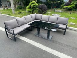 Rackhams Aluminum Outdoor Garden Furniture Corner Sofa Adjustable Rising Lifting Dining Table Sets Black Tempered Glass Dark Grey 7 Seater - thumbnail 1