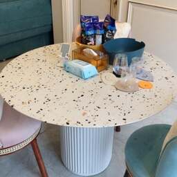 Rackhams Cracky White Round Dining Table, Premium Terrazzo And Wood Base - ⌀90cm - thumbnail 2