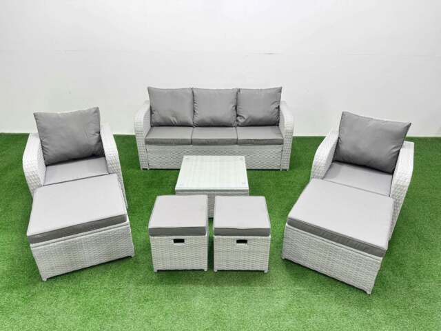 Rackhams Outdoor Garden Furniture Set PE Rattan Lounge Sofa Set with Coffee Table 3 Seater Sofa 4 Footstools Light Grey - image 1