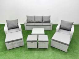 Rackhams Outdoor Garden Furniture Set PE Rattan Lounge Sofa Set with Coffee Table 3 Seater Sofa 4 Footstools Light Grey - thumbnail 1