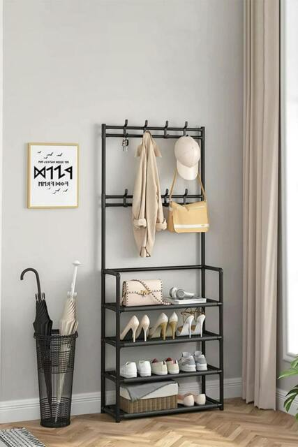 Rackhams 4 Tier Shoe Shelf Storage Organizer with Hooks Clothes Hanger Garment Rack - Black - One Size - image 1