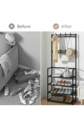 Rackhams 4 Tier Shoe Shelf Storage Organizer with Hooks Clothes Hanger Garment Rack - Black - One Size - thumbnail 5