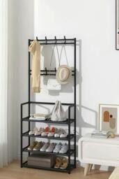 Rackhams 4 Tier Shoe Shelf Storage Organizer with Hooks Clothes Hanger Garment Rack - Black - One Size - thumbnail 2