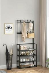 Rackhams 4 Tier Shoe Shelf Storage Organizer with Hooks Clothes Hanger Garment Rack - Black - One Size