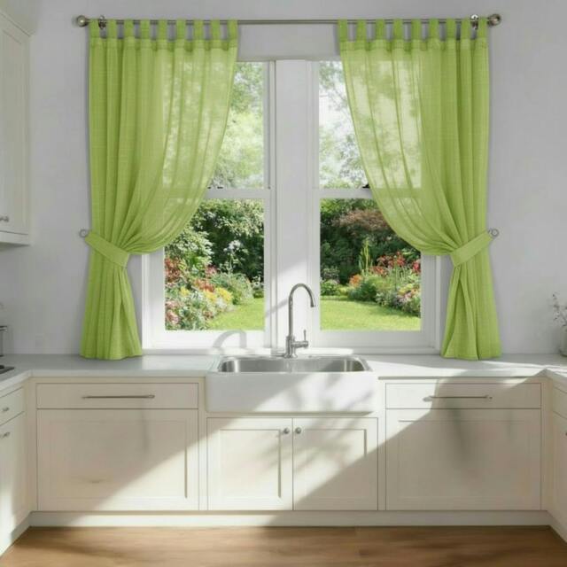 Rackhams Voile Tab Top Curtain Pair with Crystal Tie Backs Sheer Window Panels - Lime - 150cm width x 122cm drop - image 1