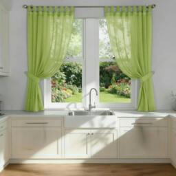 Rackhams Voile Tab Top Curtain Pair with Crystal Tie Backs Sheer Window Panels - Lime - 150cm width x 122cm drop
