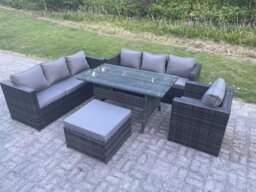 Rackhams 8 Seater Outdoor Lounge Sofa Garden Furniture Set Patio Rattan Rectangular Dining Table Chair with Big Footstool Dark Grey Mixed - thumbnail 1