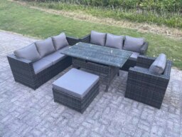 Rackhams 8 Seater Outdoor Lounge Sofa Garden Furniture Set Patio Rattan Rectangular Dining Table Chair with Big Footstool Dark Grey Mixed - thumbnail 2