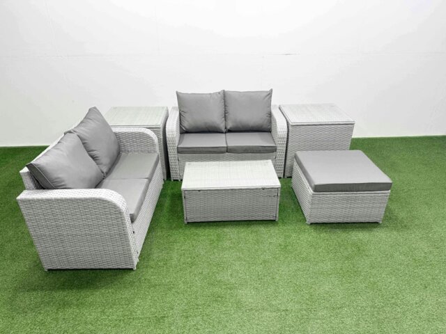 Rackhams 5 Seater Outdoor Love Sofa Set Rattan Garden Furniture Set with Rectangular Coffee Table Big Footstool 2 Side Tables Light Grey - image 1