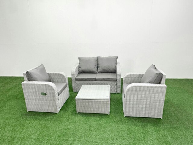 Rackhams Light Grey PE Wicker Rattan Garden Furniture Set Sofa Set Reclining Adjustable Chair Square Coffee Table 4 Seater - image 1