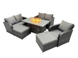 Rackhams 7 seater Patio Gas Firpit Dining Table Sofa Sets Rattan Garden Furniture Dining Set with 2 Big Stools Dark Grey Mixed - thumbnail 2
