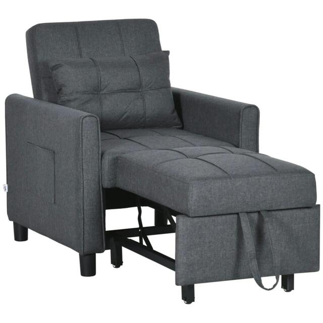 Rackhams 3-In-1 Linen-Look Single Chair Bed with Adjustable Back & Eucalyptus Wood Sofa Frame - Grey - image 1