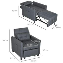 Rackhams 3-In-1 Linen-Look Single Chair Bed with Adjustable Back & Eucalyptus Wood Sofa Frame - Grey - thumbnail 3