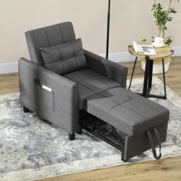 Rackhams 3-In-1 Linen-Look Single Chair Bed with Adjustable Back & Eucalyptus Wood Sofa Frame - Grey - thumbnail 2