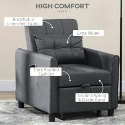 Rackhams 3-In-1 Linen-Look Single Chair Bed with Adjustable Back & Eucalyptus Wood Sofa Frame - Grey - thumbnail 4