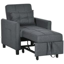 Rackhams 3-In-1 Linen-Look Single Chair Bed with Adjustable Back & Eucalyptus Wood Sofa Frame - Grey - thumbnail 1