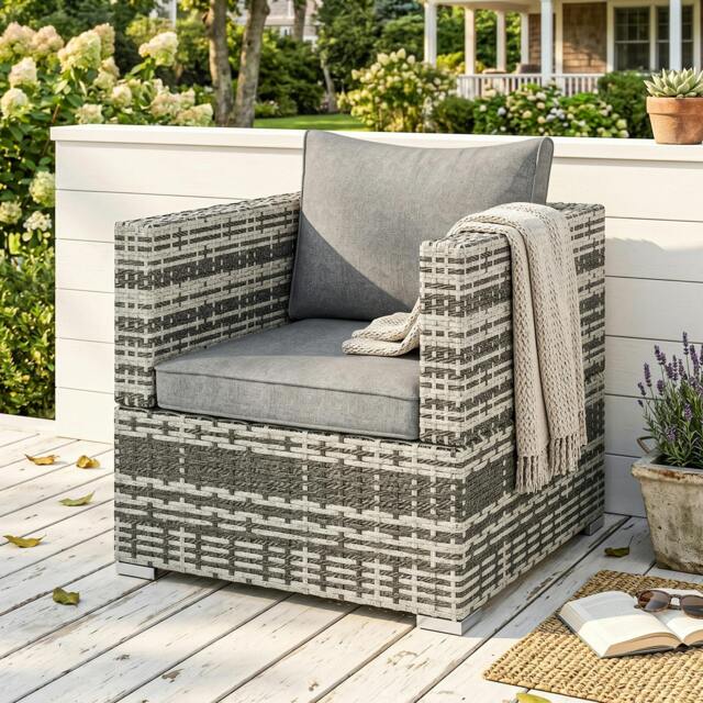 Rackhams Single Wicker Sofa Chair w/ Padded Cushion, Garden Balcony - Light Grey - image 1