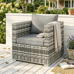 Rackhams Single Wicker Sofa Chair w/ Padded Cushion, Garden Balcony - Light Grey