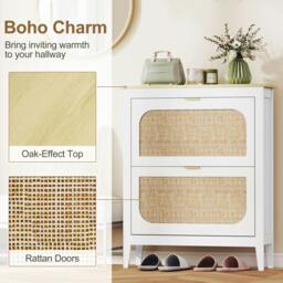 Rackhams Boho Slim Shoe Cabinet with Rattan Doors, Holds Pairs, White - 80 x 24 x 131 cm - thumbnail 5