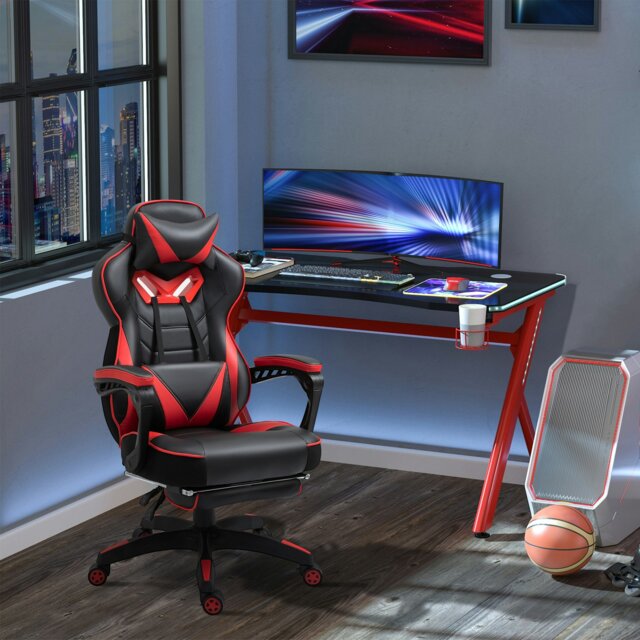 Rackhams Gaming Chair Ergonomic Reclining Manual Footrest Wheels Stylish White - Red - image 1