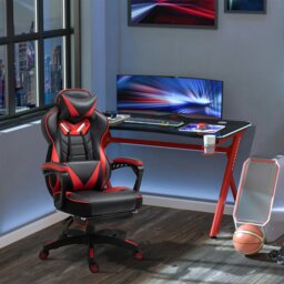 Rackhams Gaming Chair Ergonomic Reclining Manual Footrest Wheels Stylish White - Red