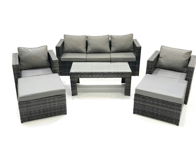 Rackhams 7 Seater Rattan Garden Furniture Set Outdoor Lounger Sofa with Coffee Table 2 Armchair 2 Big Footstools Dark Grey Mixed - image 1