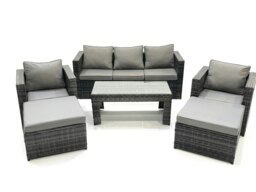 Rackhams 7 Seater Rattan Garden Furniture Set Outdoor Lounger Sofa with Coffee Table 2 Armchair 2 Big Footstools Dark Grey Mixed - thumbnail 1