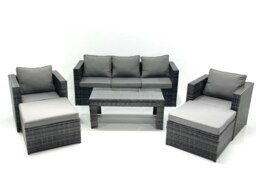 Rackhams 7 Seater Rattan Garden Furniture Set Outdoor Lounger Sofa with Coffee Table 2 Armchair 2 Big Footstools Dark Grey Mixed - thumbnail 2