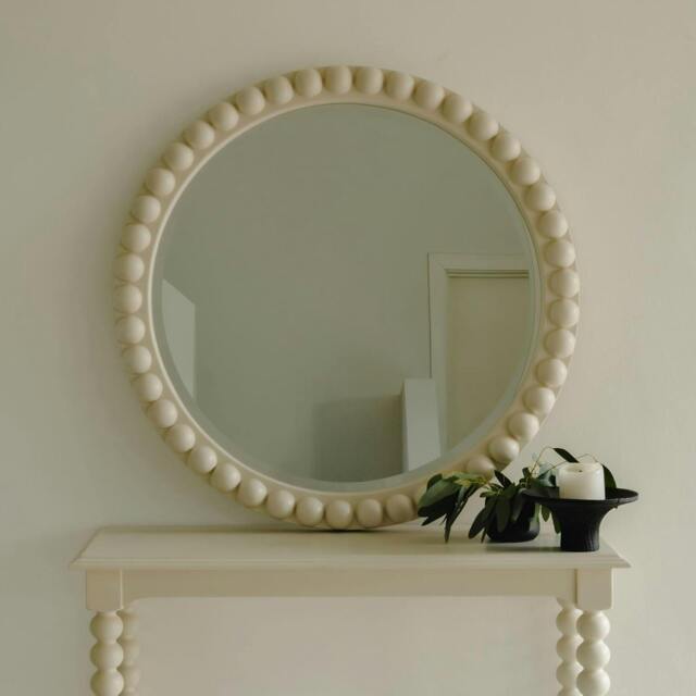 Rackhams Cromwell Round Wall Mirror with Bobbin Design Wooden Frame 77cm - Linen, Cream - image 1