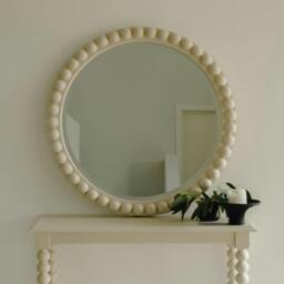 Rackhams Cromwell Round Wall Mirror with Bobbin Design Wooden Frame 77cm - Linen, Cream
