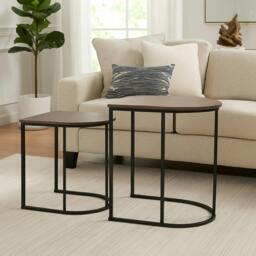 Rackhams Nest of 2 Coffee Table Metal Wooden Woodgrain Side Tables Set For Living Room - thumbnail 3