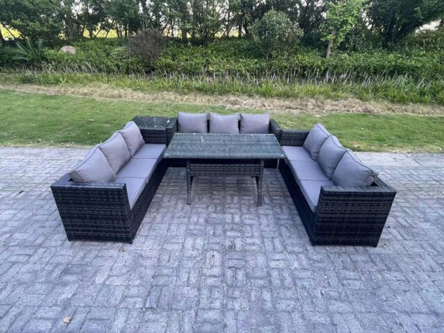 Rackhams Outdoor Wicker Garden Furniture Rattan Lounge Sofa Set Patio Rectangular Dining Table with Side Table 9 Seater Dark Grey Mixed - image 1