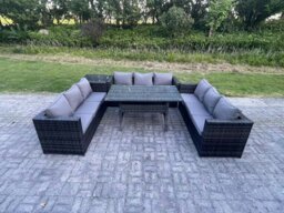 Rackhams Outdoor Wicker Garden Furniture Rattan Lounge Sofa Set Patio Rectangular Dining Table with Side Table 9 Seater Dark Grey Mixed - thumbnail 1