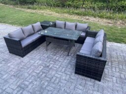 Rackhams Outdoor Wicker Garden Furniture Rattan Lounge Sofa Set Patio Rectangular Dining Table with Side Table 9 Seater Dark Grey Mixed - thumbnail 2