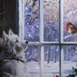 Rackhams 40cm x 30cm Battery Operated Light up Fibre Optic Christmas Dog & Robin Wall Art - thumbnail 6