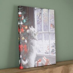 Rackhams 40cm x 30cm Battery Operated Light up Fibre Optic Christmas Dog & Robin Wall Art - thumbnail 4