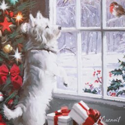 Rackhams 40cm x 30cm Battery Operated Light up Fibre Optic Christmas Dog & Robin Wall Art - thumbnail 5