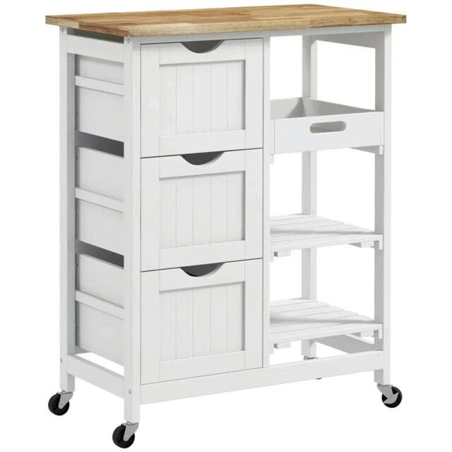 Rackhams Rolling Kitchen Island Cart, Bar Serving Cart, Compact Trolley on Wheels with Wood Top, Shelves & Drawers for Home Dining Area, White - image 1