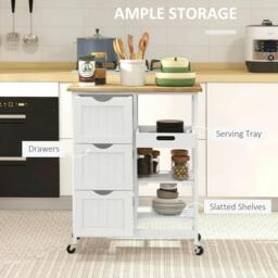 Rackhams Rolling Kitchen Island Cart, Bar Serving Cart, Compact Trolley on Wheels with Wood Top, Shelves & Drawers for Home Dining Area, White - thumbnail 4