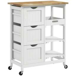 Rackhams Rolling Kitchen Island Cart, Bar Serving Cart, Compact Trolley on Wheels with Wood Top, Shelves & Drawers for Home Dining Area, White - thumbnail 1