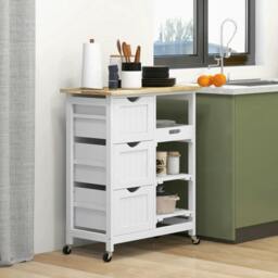 Rackhams Rolling Kitchen Island Cart, Bar Serving Cart, Compact Trolley on Wheels with Wood Top, Shelves & Drawers for Home Dining Area, White - thumbnail 2