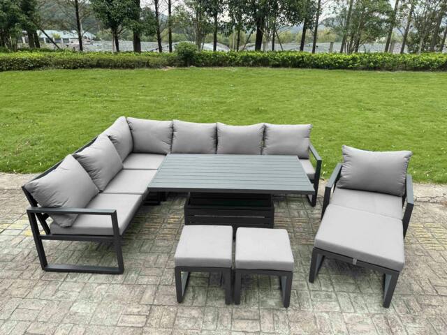 Rackhams 10 Seater Aluminium Garden Furniture Set with Adjustable Rising Dining Table, Sofa, 3 Footstools, Chair - Dark Grey